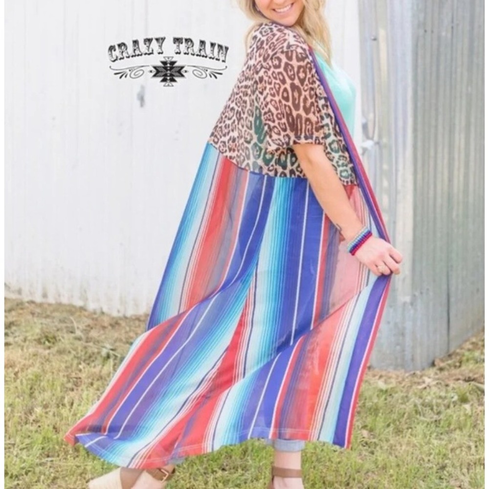 Crazy‎ Train Leopard Serape Stripe Duster Cardigan Open Front Mesh Maxi O/S